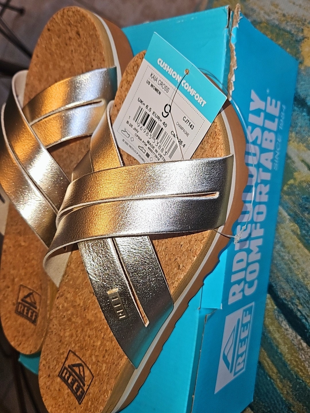 Reef Women's KAIA Metallic Champgne Cork Footbed Slide Sandals